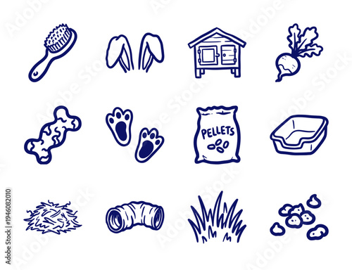 Hand-drawn rabbit care and pet supply elements for organic branding. Naive marker sketch illustrations featuring bunny hutch, hay, and treats.