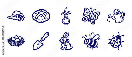 Hand-drawn spring and gardening elements for organic brand identity. Rustic, naive marker sketch illustrations featuring Easter and nature concepts.