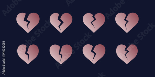 Set of red heart icons in various styles including solid, glossy, and broken shapes isolated on white background, flat vector illustration.