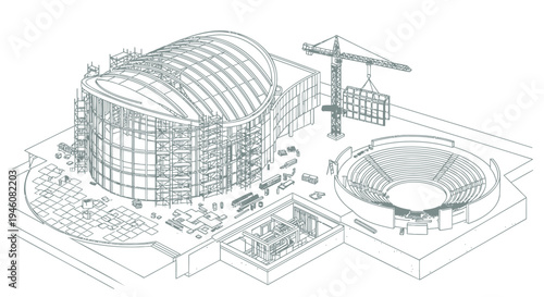 Vector illustration of a stadium complex with dome and arena