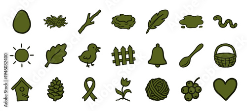 Hand-drawn nature and garden elements for organic branding. Rustic naive marker sketch illustrations featuring spring bird and backyard concepts.