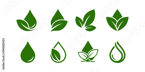 Abstract green plant logo bundle with leaves and swirls. Clean vector icons for eco brand identity and organic packaging.