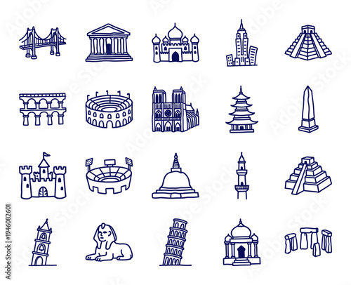 Hand-drawn global landmarks and historic monuments in a naive marker sketch style. Rustic architectural doodles for travel branding and educational design.