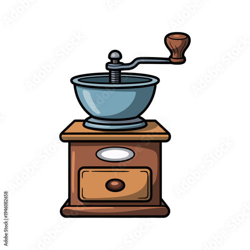 A vintage coffee grinder with a wooden base and metal handle on a plain white background