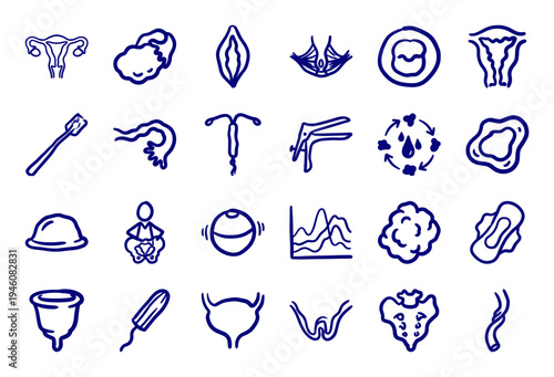 Reproductive health and gynecology medical elements in a crude marker sketch style. Naive hand-drawn anatomy and female wellness doodle illustrations.