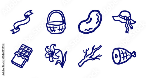 Hand-drawn rustic lifestyle and food elements for organic brand identity. Naive blue marker sketch illustrations featuring basket, lily, and ham.