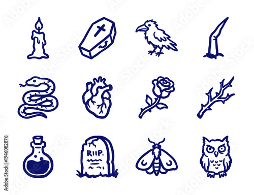 Mystical occult and gothic hand-drawn elements for dark aesthetic branding. Rustic naive marker sketch illustrations featuring spooky halloween concepts.
