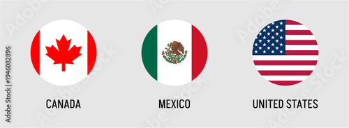 North America countries flags set featuring Canada, Mexico and United States in circular icon design with national colors and symbols, vector illustration collection for international themes