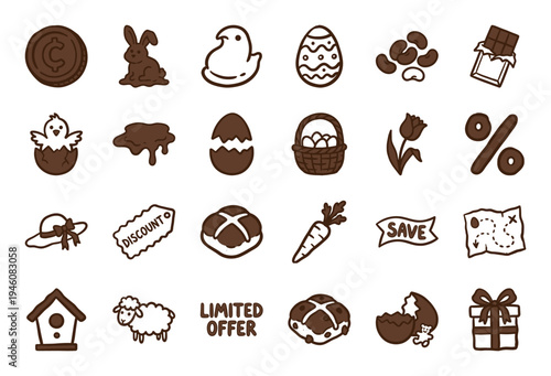 Rustic hand-drawn Easter holiday and spring celebration elements for organic branding. Naive marker sketch illustrations featuring chocolate treats and seasonal symbols.