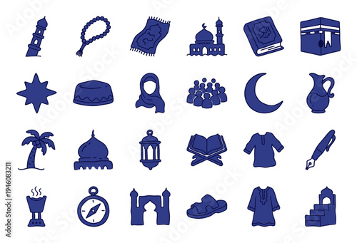 Islamic religious culture and Ramadan tradition elements in navy blue hand-drawn doodle style. Rustic naive marker sketch illustrations featuring mosque, quran, and prayer symbols.