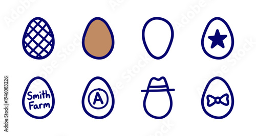 Hand-drawn farm fresh egg symbols for organic branding. Rustic naive marker sketch illustrations featuring poultry farming and easter concepts.