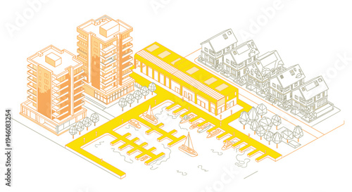 Vector illustration of urban complex with buildings and parking lot