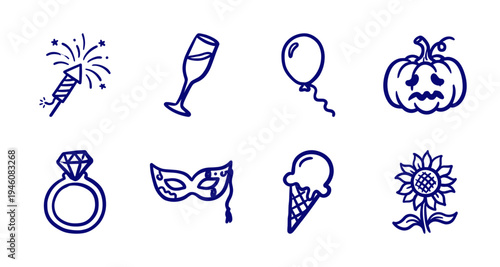 Hand-drawn celebration and seasonal doodles for festive brand identity. Naive blue marker sketches featuring party, autumn, and summer elements.