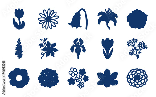 Hand-drawn botanical flower silhouettes for organic branding. Rustic naive marker sketch floral elements featuring garden and meadow blooms.