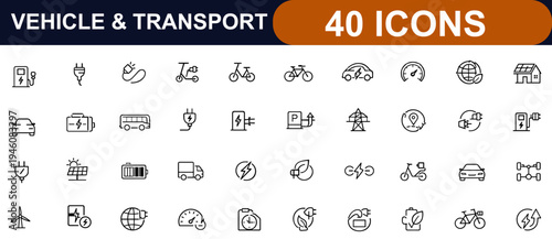 Electric vehicle or transport web icons in line style editable stroke. Charging station, EV charger, battery, electric car, plug, range. Editable stroke. Vector illustration.