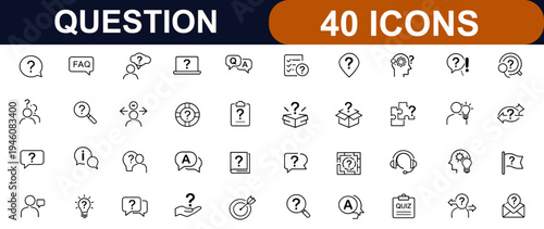 Question web icons in line style. FAQ, help query, confused user, quiz symbol, question mark, thinking person, problem solving, answer concept set. Editable stroke. Vector illustration.