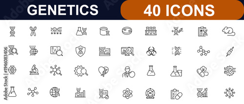 Genetics web icons in line style editable stroke. DNA genome, genetic testing, biology research, chromosome analysis, biotech symbols, medical set. Editable stroke. Vector illustration.