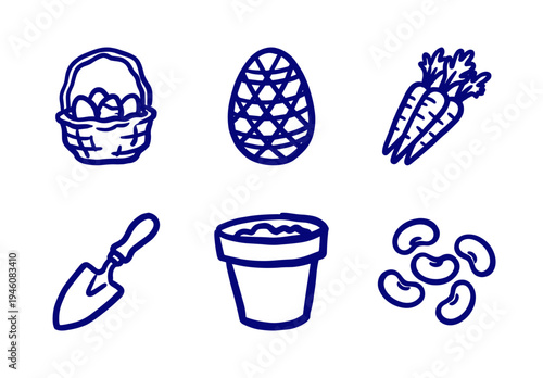Hand-drawn gardening and spring celebration elements for organic branding. Rustic naive marker sketch featuring Easter eggs, carrots, and garden tools.
