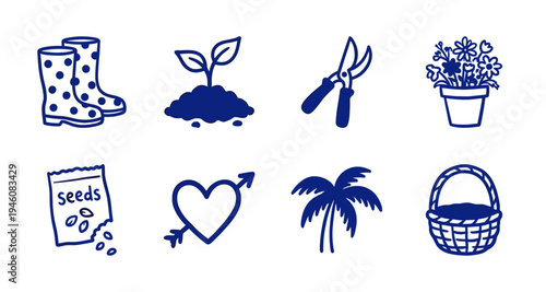 Hand-drawn gardening and spring nature elements for organic brand identity. Rustic, naive marker sketch illustrations featuring backyard hobby concepts.