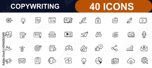 Copywriting web icons in line style. Content strategy, creative writing, document text, pen signature, marketing copy, blog article, media set. Editable stroke. Vector illustration.