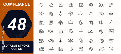 Compliance web icons in line style. Governance, legal policy, quality control, corporate rules, responsibility, law compliance set. Editable stroke. Vector illustration.