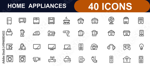 Home Appliances web icons in line style. Kitchen devices, refrigerator, vacuum cleaner, television, cooking equipment, air conditioning, dishwasher, home electronics set. Vector illustration.