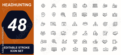 Headhunting web icons in line style. Talent acquisition, job hiring, candidate search, resume review, career growth, management, team recruitment set. Editable stroke. Vector illustration.