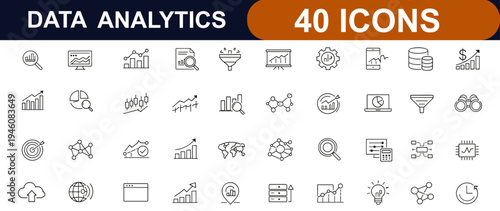 Data Analytics web icon in line style. Business insights, data visualization, growth metrics, statistics dashboard, chart graphs, research network set. Editable stroke. Vector illustration.