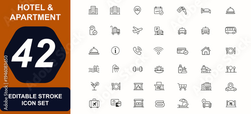Hotel and apartment web icons in line style. Booking, accommodation, room service, rental, travel lodging, parking, reservation, hospitality set. Editable stroke. Vector illustration.
