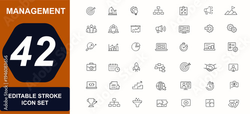 Management web icons in line style. Strategy, business planning, teamwork, media management, analytics chart, computer dashboard, set. Editable stroke. Vector illustration.