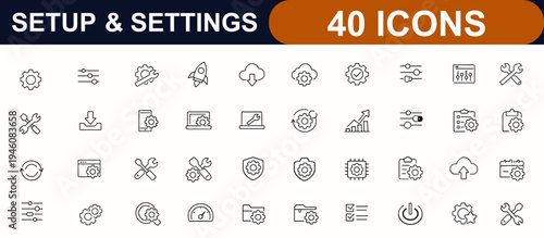 Setup and Settings web icons in line style. Configuration, system control, updates, optimization, gear tools, app preferences, management set. Editable stroke. Vector illustration.