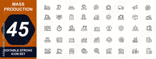 Mass Production web icons in line style. Automation systems, industrial workflow, robotic manufacturing, factory process, productivity control, smart industry set. Vector illustration.