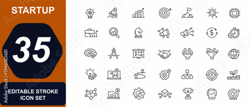 Startup web icons in line style. Innovation, business growth, creative idea, marketing strategy, startup launch, target goal, development process, teamwork set. Editable stroke. Vector illustration.