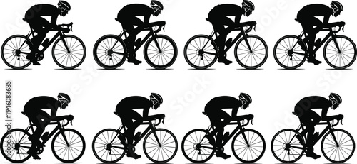 Professional Road Cyclist Silhouette Sequence Showing Multiple Biking Motion Stages for Sports Competition Training Cycling Race and Athletics Graphic Design