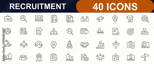 Recruitment web icons in line style. Job hiring, talent search, candidate profile, resume review, HR team, headhunting set. Editable stroke. Vector illustration.