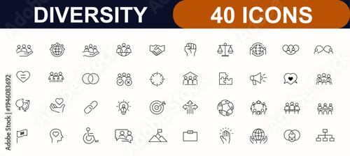 Diversity web icons in line style. Equality, community, lifestyle, empathy, woman, humanity, team support, integration, social care, strategy, activity, person, unity, set. vector illustration.