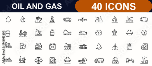 Oil and Gas web icons in line style. Energy production, oil barrel, refinery, gasoline pump, natural gas, industry transport, power fuel, drilling, equipment, tank. Vector illustration.