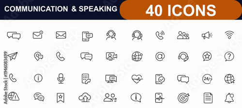 Communication and speaking web icons in line style. Message, call, support, speech bubble, phone, info, pointer, mobile, talk, globe, contact, icon set. Editable stroke. Vector illustration.