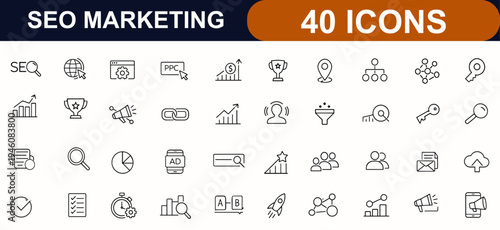 SEO web icons in line style. Search marketing, website traffic, ranking tools, business target, contact icons, optimization, digital strategy set. Editable stroke. Vector illustration.