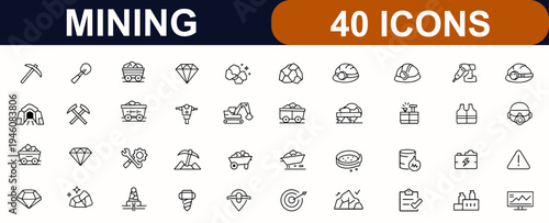 Mining web icons in line style. Pickaxe, ore extraction, gold mining, diamond resource, coal wagon, underground industry, equipment symbols. Editable stroke. Vector illustration.