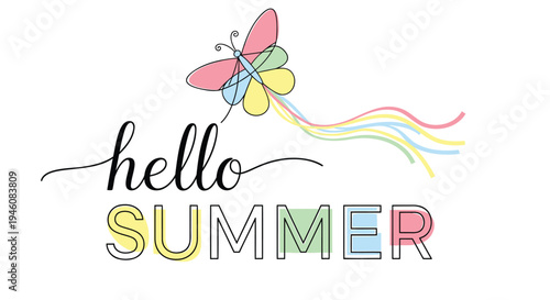 Hello Summer colorful butterfly and text vector illustration