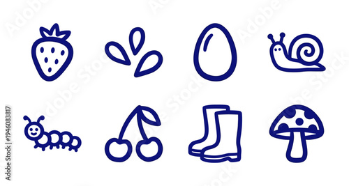 Hand-drawn garden and nature elements in a naive blue marker style. Rustic doodle illustrations of snails, mushrooms, and spring rain for organic branding.