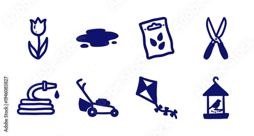 Hand-drawn garden and spring maintenance elements for organic branding. Rustic, naive marker sketch illustrations featuring backyard hobby concepts.