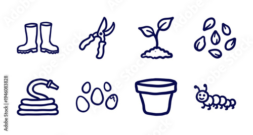 Rustic hand-drawn gardening tools and nature elements for organic brand identity. Naive marker sketch illustrations featuring backyard farming concepts.