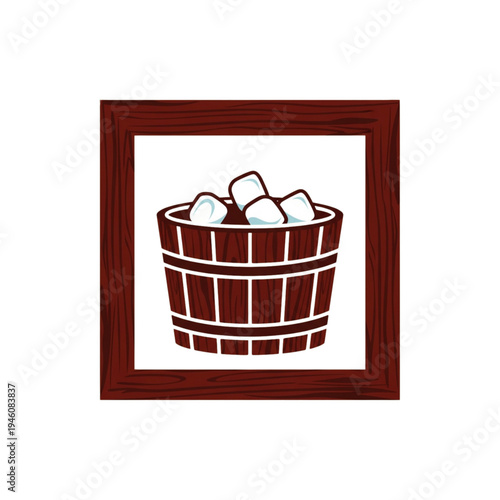 Wooden tub with ice cubes in rustic wooden frame  