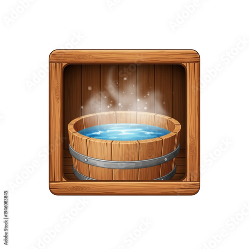 Wooden hot tub with steaming water in wooden frame  