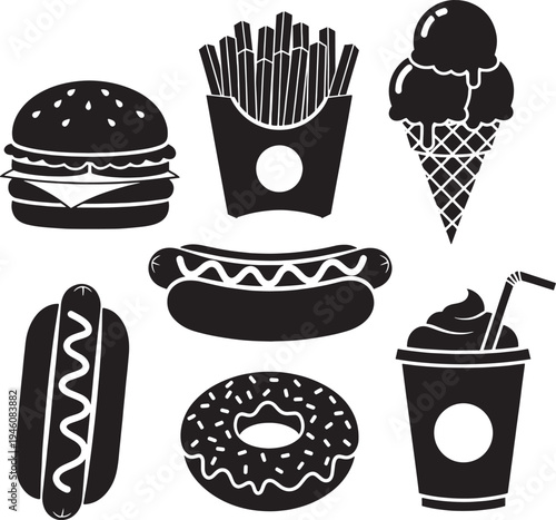 Black and white fast food hamburger hot dog french fries