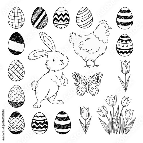Easter line art collection with cute bunny, hen, butterfly, spring flowers and decorated eggs bundle.