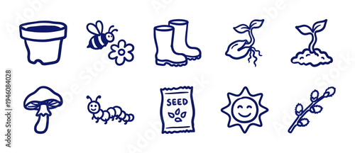 Hand-drawn garden and spring nature elements for rustic brand identity. Naive blue marker sketch illustrations featuring growth and outdoor hobby concepts.