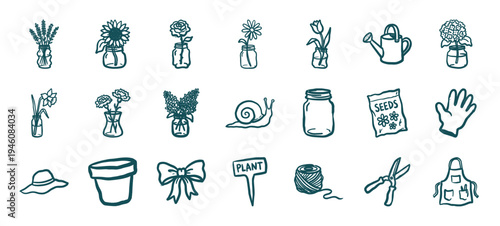 Hand-drawn garden and floral elements for rustic brand identity. Naive marker sketch illustrations featuring spring flowers, jars, and gardening tools.